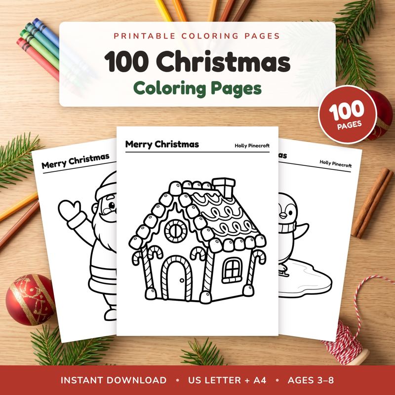 Printed Christmas coloring pages on a wooden table